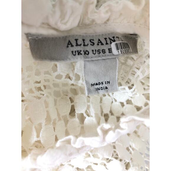 AllSaints Tila Top Broderie Embellished Sheer Puff Sleeve Cotton Blouse White 6 - Picture 5 of 9